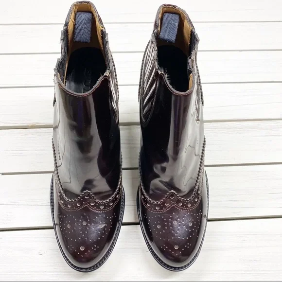 BURBERRY Brogue Chelsea Detailed Wedge Polished Leather Ankle Boots 38 - Picture 2 of 16